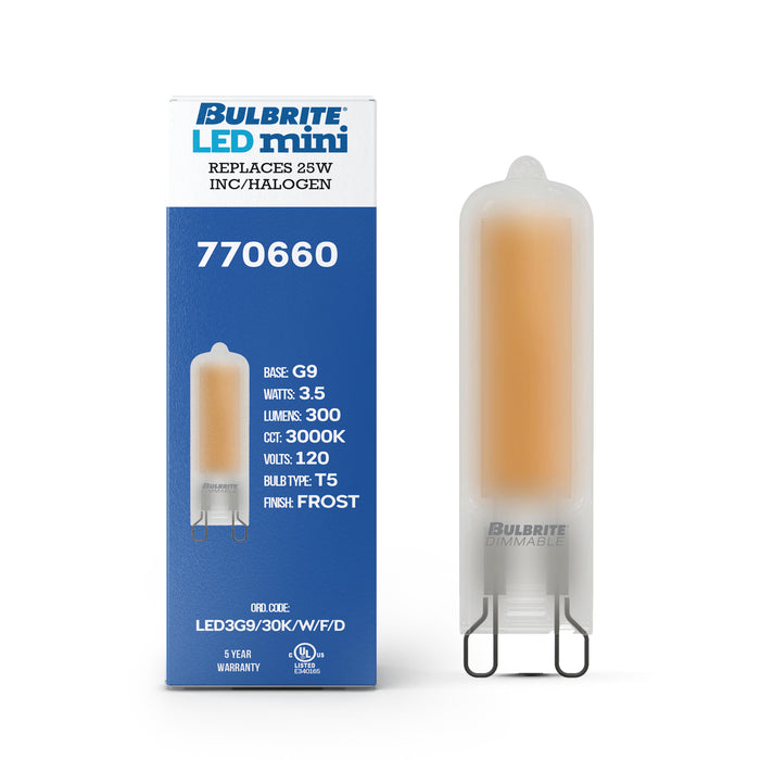 T5 3.5W Dimmable Frost Filament LED Light Bulb with G9 Base, 3000K, 300 Lumens, 4-Pack
