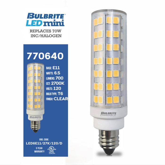 T6 6.5W Dimmable Clear LED Light Bulb with E11 Base, 2700K, 700 Lumens, 2-Pack
