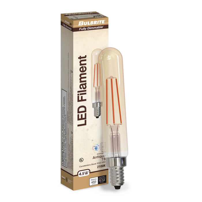 T8 4.5W Dimmable Amber Filament LED Light Bulb with E12 Base, 2100K, 450 Lumens, 4-Pack