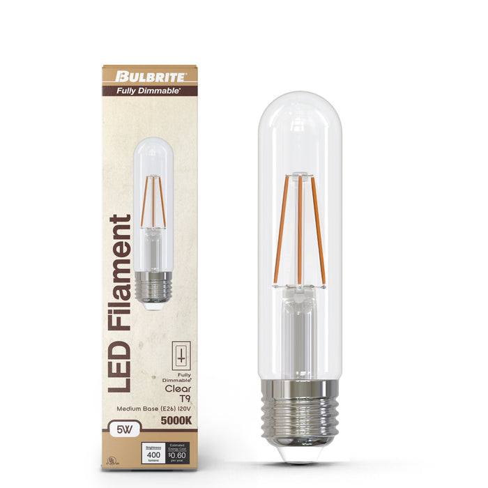 T9 5-inch 5W Dimmable Clear Filament LED Light Bulb with E26 Base, 5000K, 400 Lumens, 4-Pack
