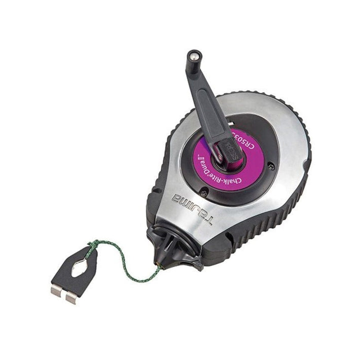 Chalk line reel with pull cord and hook, black/silver body, purple center