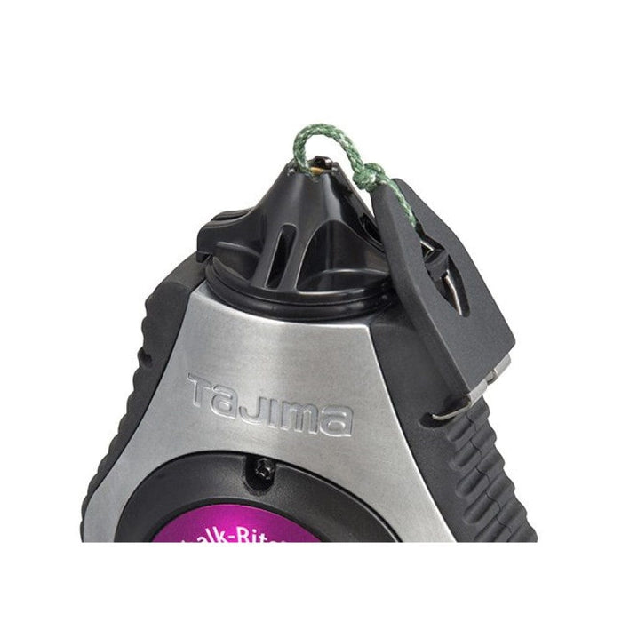 Tajima chalk line housing close-up, Chalk-Rite dial and green cord loop, black/silver