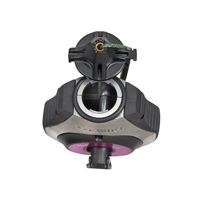 Chalk line tool front view with circular window, purple chalk dial, black/silver