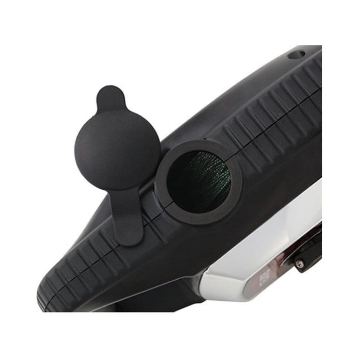 Chalk line tool end cap and winding wheel area, black textured grip