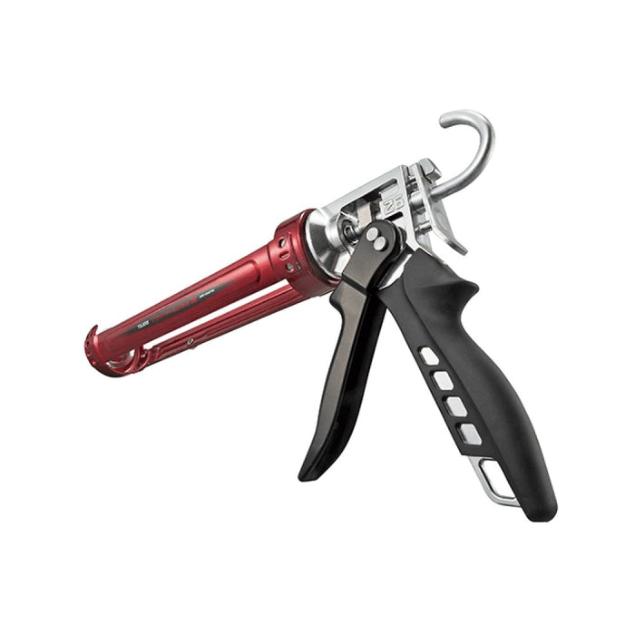 Super 26 caulk gun close-up: red rod, metal frame, hook handle, black grip
