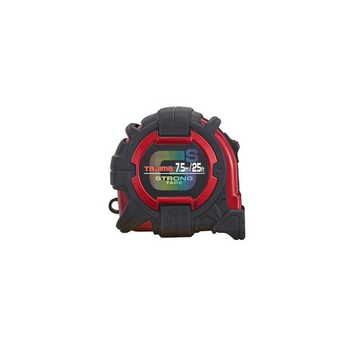 Compact tape measure with red housing and black rubber-grip body
