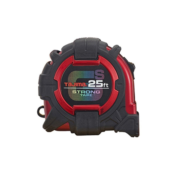 Tape measure with 25ft strong tape display, red and black rugged housing, belt loop
