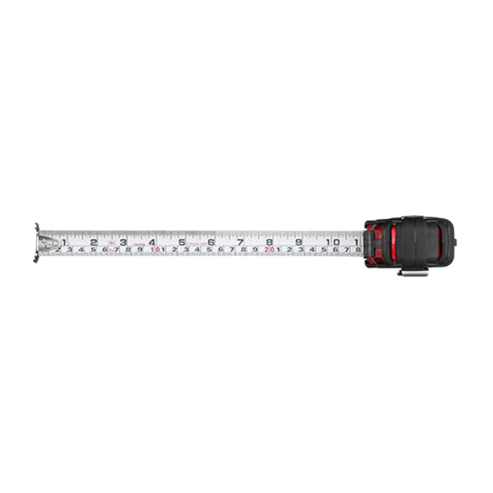 Magnetic hook clip next to ruler, compact black-and-red case
