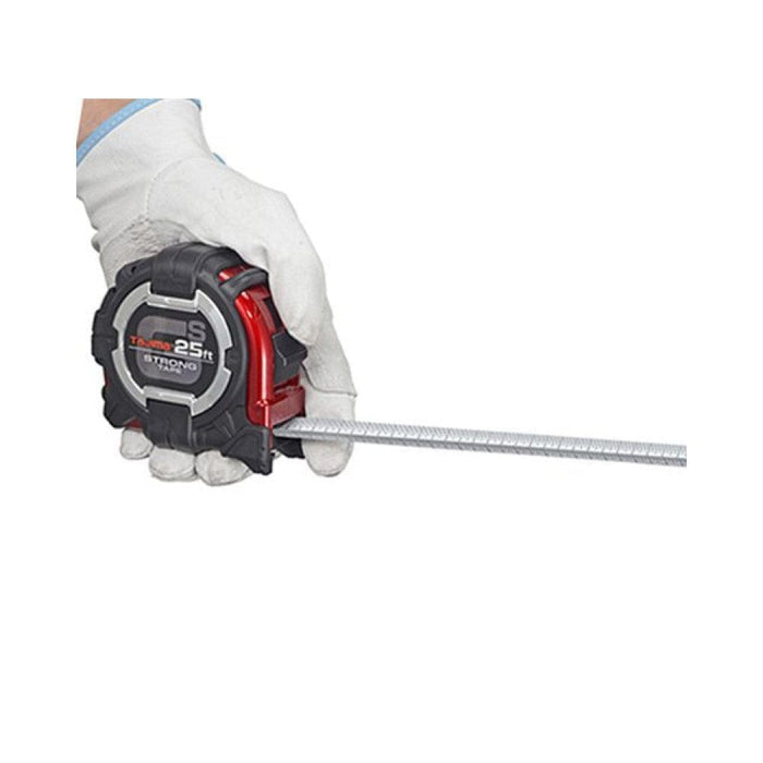 Tape measure with extendable metal tape, tape blade visible on the handle.