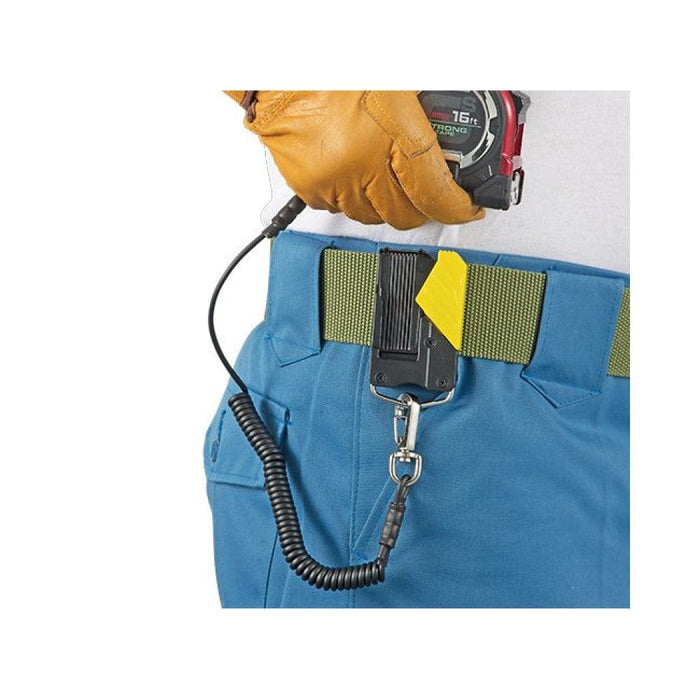 Tape measure on belt clip, tape with metal clip extended