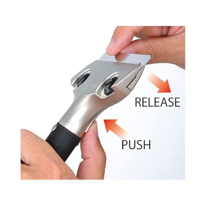 Scrape-Rite scraper head with push/release mechanism for the blade