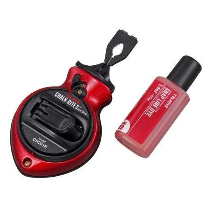 Red chalk snap line reel with black strap and red chalk refill bottle