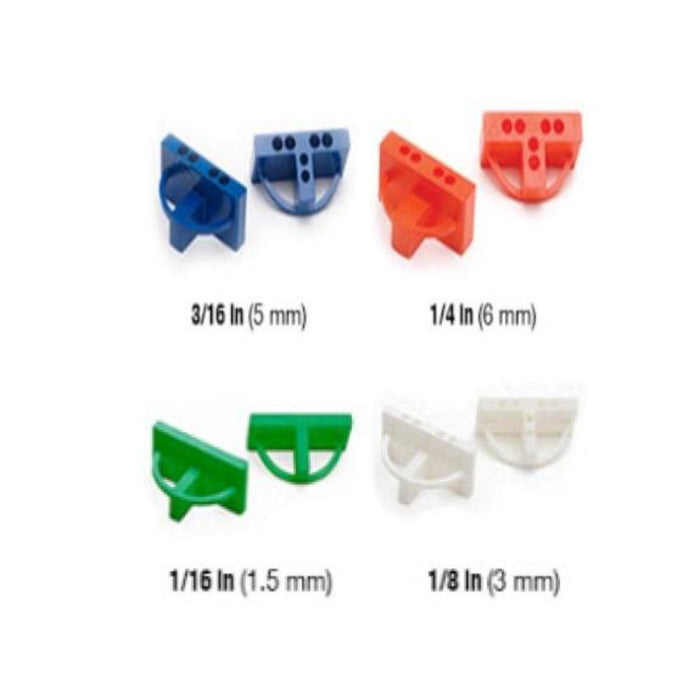 T spacer sizes shown: 3/16 in, 1/4 in, 1/16 in, and 1/8 in in assorted colors