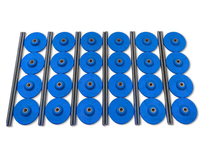 Pack of adjustable tile inlay spacer components: blue discs and steel rods