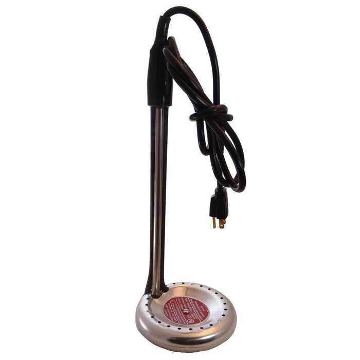 Water heater tool upright with stainless base and black power cord plug