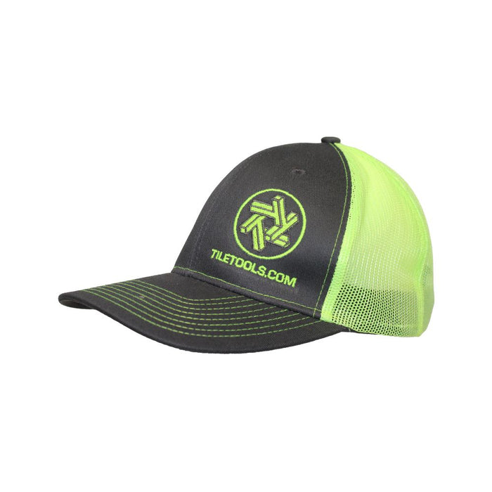 Mesh back hat, dark front with neon green mesh side panels and logo