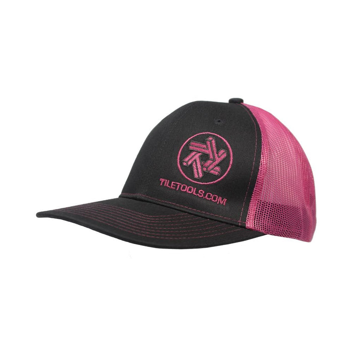 Mesh back cap, black front with neon pink mesh panels and logo