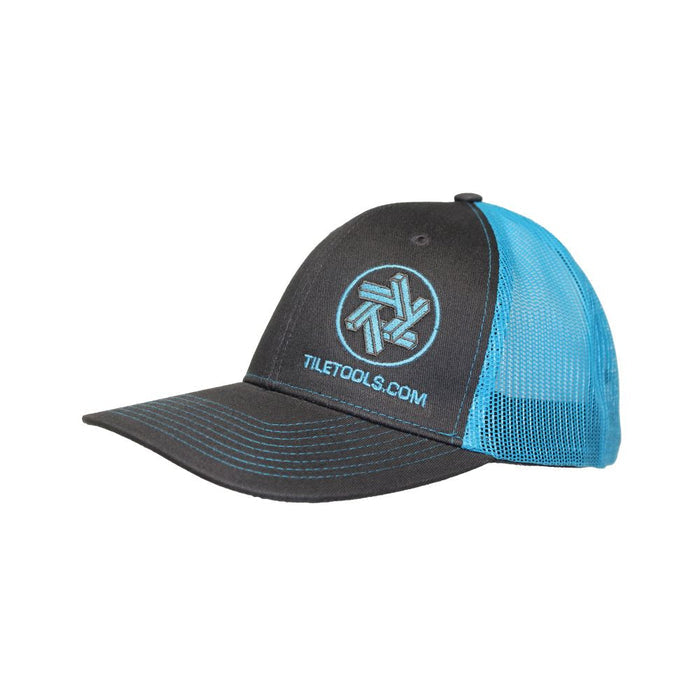 Mesh back hat, dark front with neon blue mesh side panels and logo