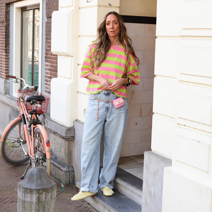 Top streep korte mouw roze groen