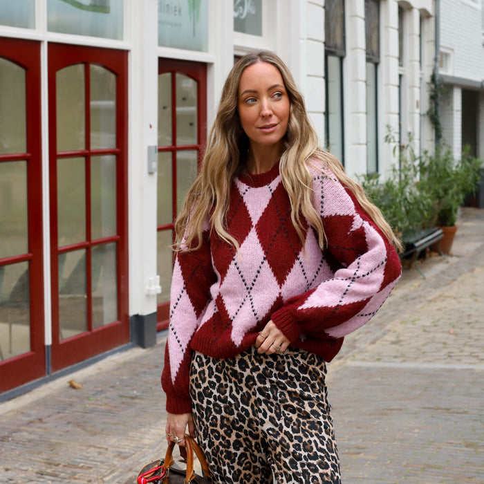 Trui geruit roze burgundy