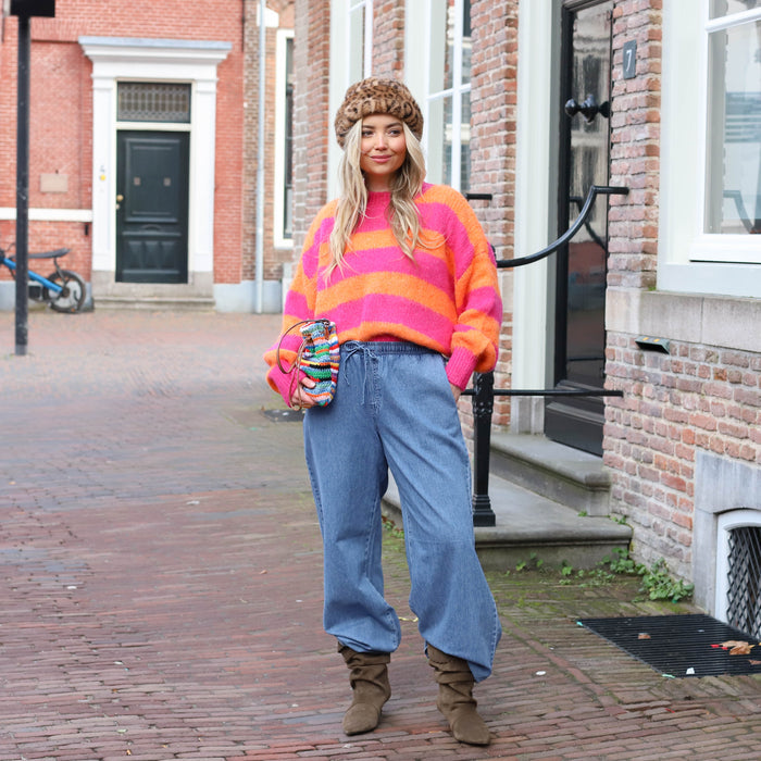 Trui streep Lucia oranje fuchsia