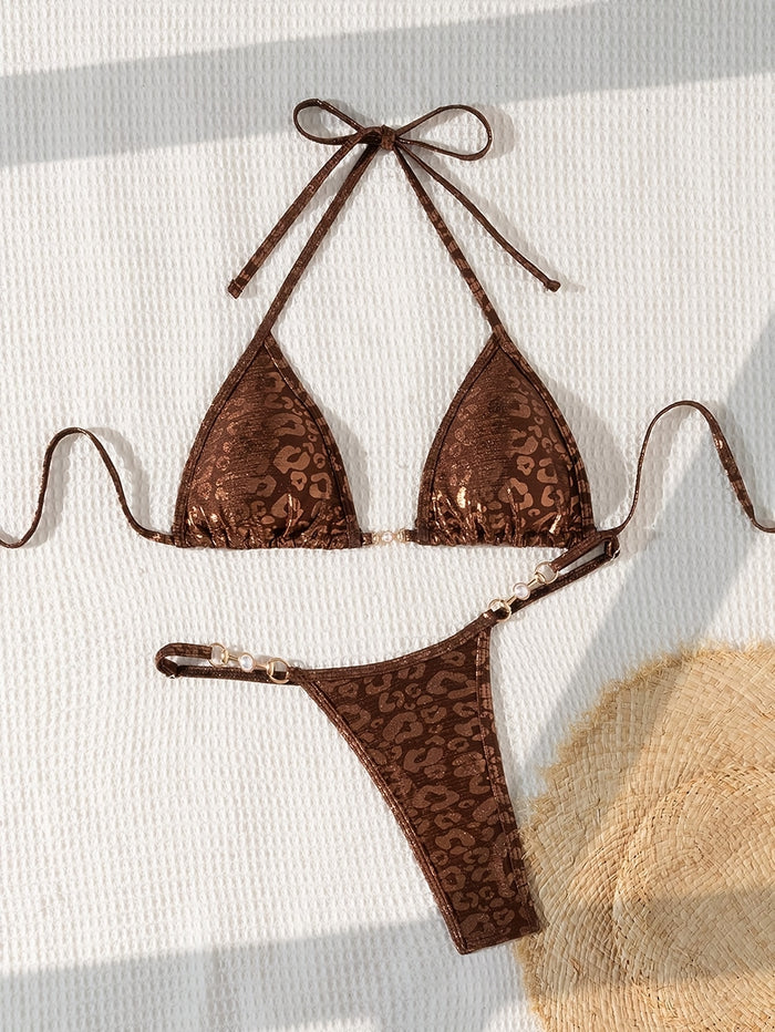 UNICORN Beach Sexy Coffee Leopard Print Pearl Accessory Triangle Bikini Set xs s m l