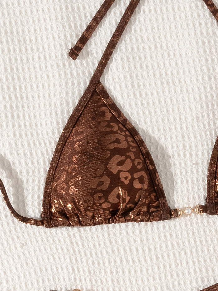 UNICORN Beach Sexy Coffee Leopard Print Pearl Accessory Triangle Bikini Set xs s m l