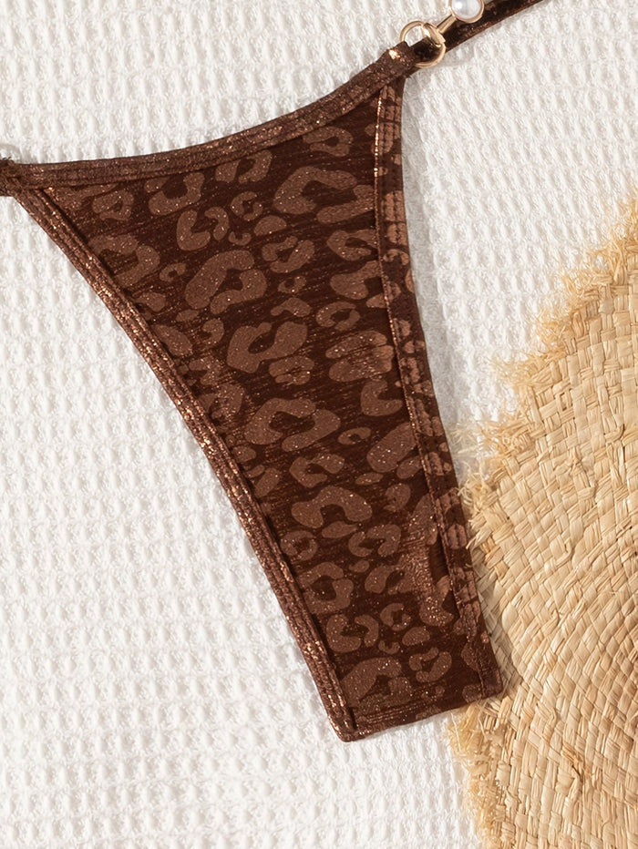 UNICORN Beach Sexy Coffee Leopard Print Pearl Accessory Triangle Bikini Set xs s m l