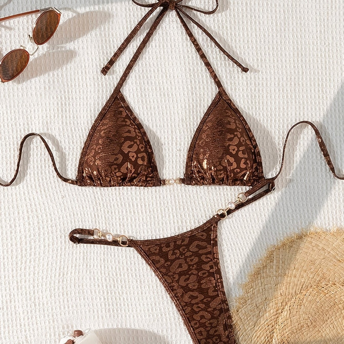 UNICORN Beach Sexy Coffee Leopard Print Pearl Accessory Triangle Bikini Set xs s m l