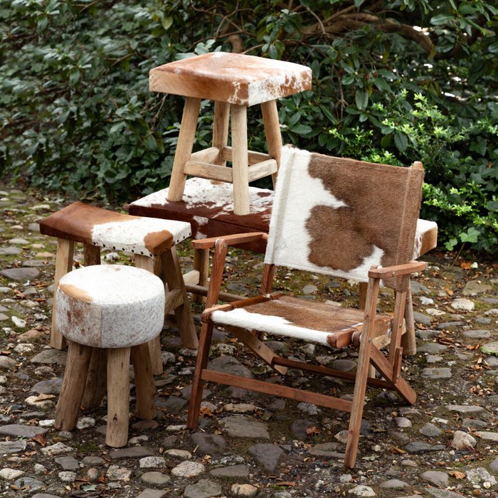 UNICORN Bench decoration wood cow leather brown white 46cm