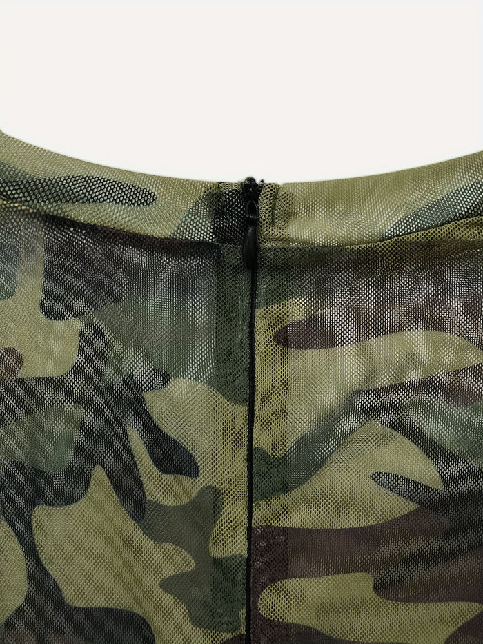 UNICORN Cross-border Women's Camouflage Print Mesh Sheer Jumpsuit s m l xl