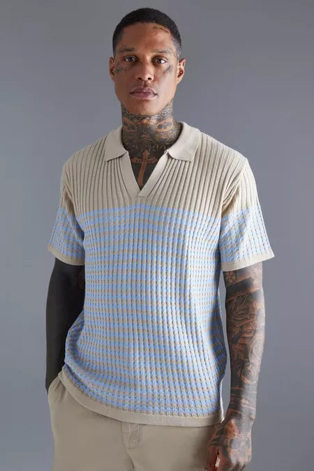 UNICORN Men's polo shirt rib knit sweater pattern beige light blue xs s m l
