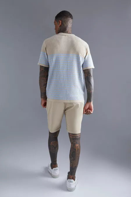 UNICORN Men's polo shirt rib knit sweater pattern beige light blue xs s m l