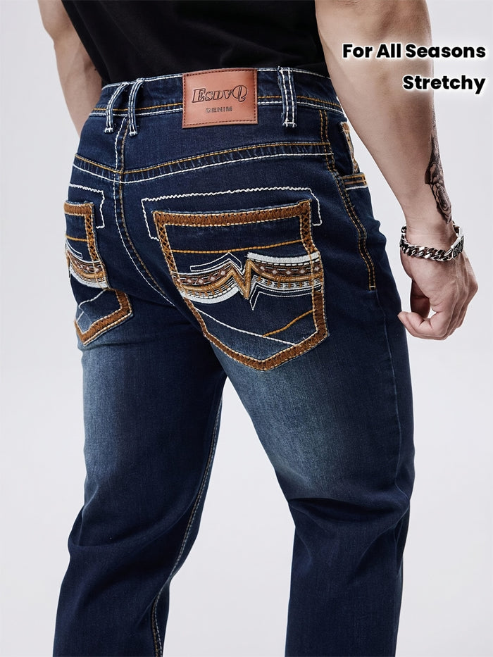 UNICORN Men'S Thick Line Embroidered Stretchy Washed Denim Pants s m l xl xxl