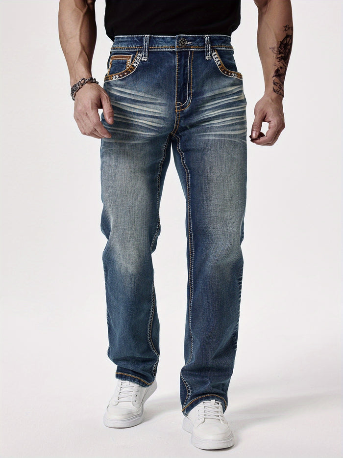UNICORN Men'S Thick Line Embroidered Stretchy Washed Denim Pants s m l xl xxl