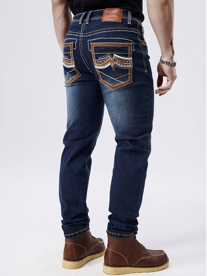 UNICORN Men'S Thick Line Embroidered Stretchy Washed Denim Pants s m l xl xxl
