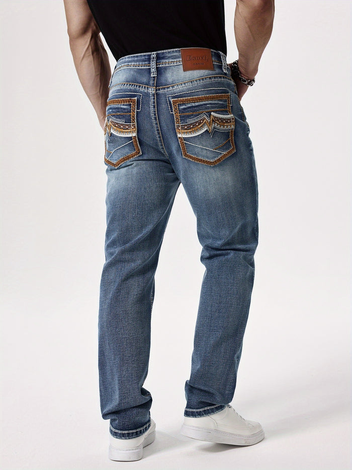 UNICORN Men'S Thick Line Embroidered Stretchy Washed Denim Pants s m l xl xxl