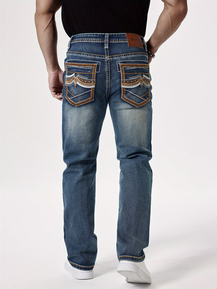 UNICORN Men'S Thick Line Embroidered Stretchy Washed Denim Pants s m l xl xxl