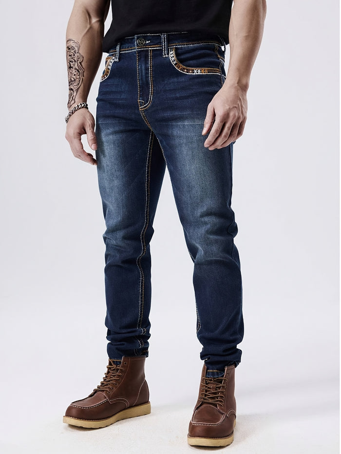 UNICORN Men'S Thick Line Embroidered Stretchy Washed Denim Pants s m l xl xxl