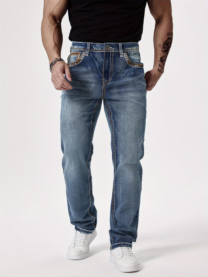 UNICORN Men'S Thick Line Embroidered Stretchy Washed Denim Pants s m l xl xxl
