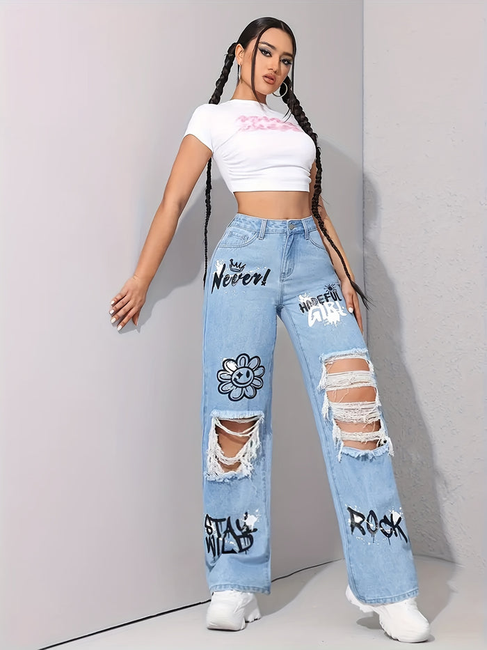 UNICORN Pattern Graffiti Print Washed Ripped High-Waisted Straight Leg Jeans xs s m l xl