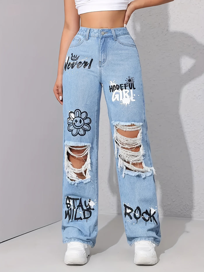 UNICORN Pattern Graffiti Print Washed Ripped High-Waisted Straight Leg Jeans xs s m l xl