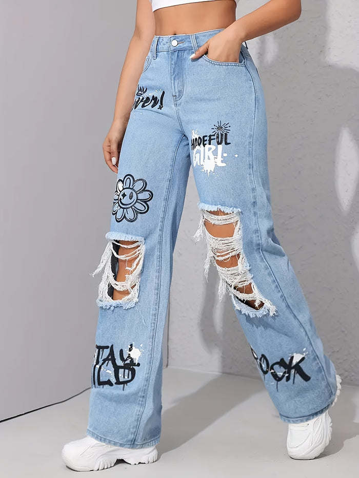 UNICORN Pattern Graffiti Print Washed Ripped High-Waisted Straight Leg Jeans xs s m l xl
