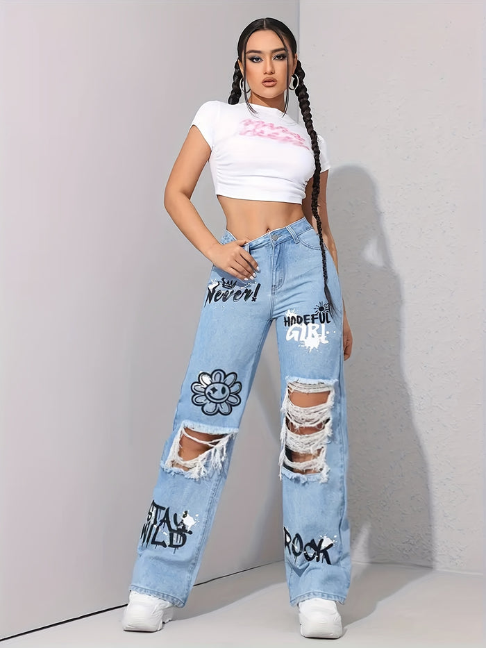 UNICORN Pattern Graffiti Print Washed Ripped High-Waisted Straight Leg Jeans xs s m l xl