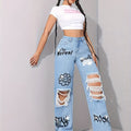 UNICORN Pattern Graffiti Print Washed Ripped High-Waisted Straight Leg Jeans xs s m l xl