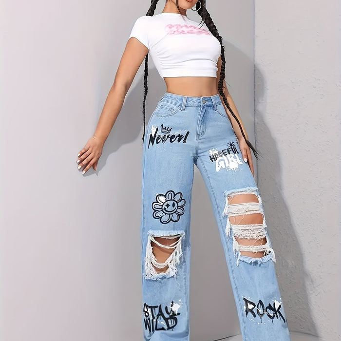 UNICORN Pattern Graffiti Print Washed Ripped High-Waisted Straight Leg Jeans xs s m l xl