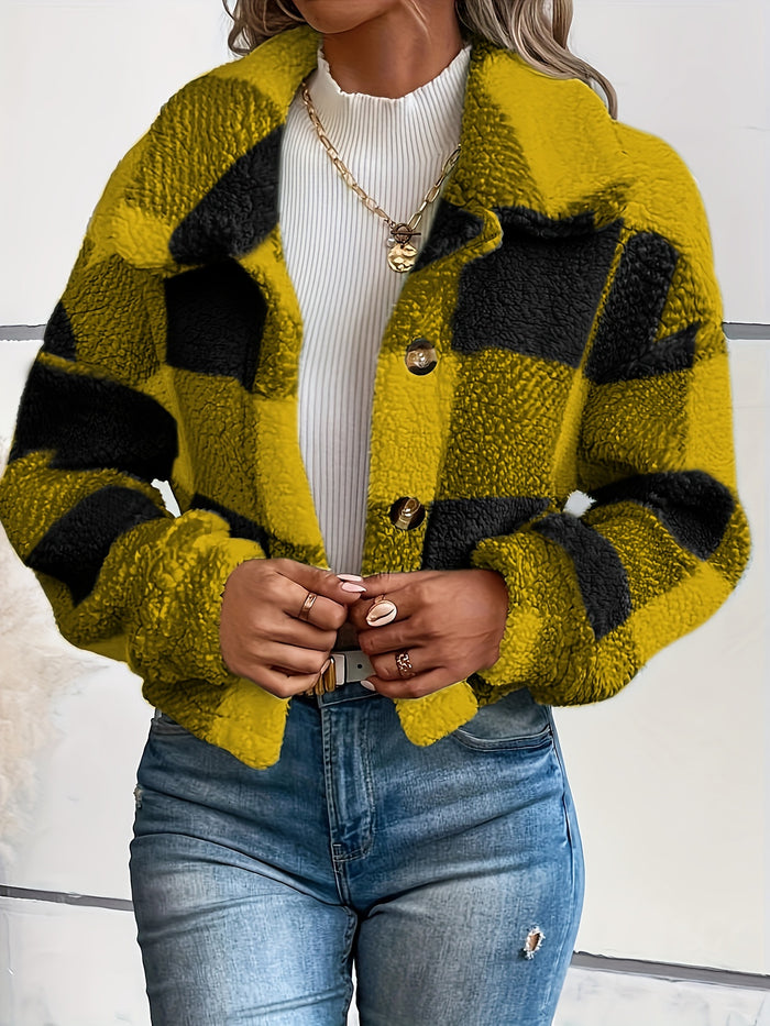 UNICORN Plaid Pattern Button Front Teddy Coat, Versatile Long Sleeve Winter xs s m l xl xxl