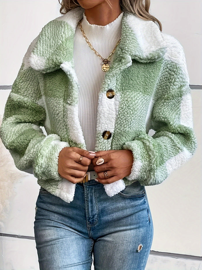 UNICORN Plaid Pattern Button Front Teddy Coat, Versatile Long Sleeve Winter xs s m l xl xxl