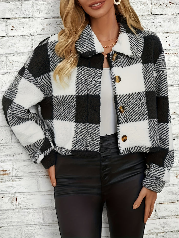 UNICORN Plaid Pattern Button Front Teddy Coat, Versatile Long Sleeve Winter xs s m l xl xxl