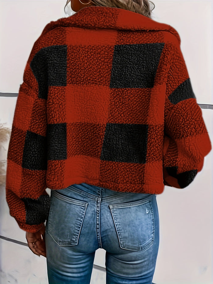 UNICORN Plaid Pattern Button Front Teddy Coat, Versatile Long Sleeve Winter xs s m l xl xxl